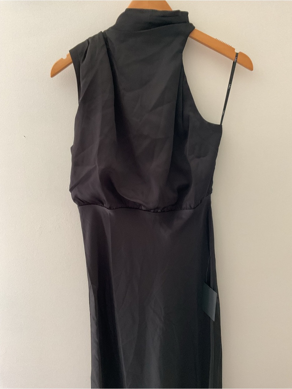 Lulus Distinctive Charm Black Satin Asymmetrical Mock Neck Satin Midi Dress M - Picture 6 of 15